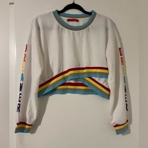 Dreamer White & Rainbow Asymmetrical Long Sleeve Crop Top size Medium (J120)